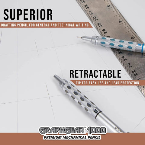 GraphGear 1000 Mechanical Pencil 0.5mm with Lead Hardness Indicator and Dual Action Retractor, black barrel, metal grip