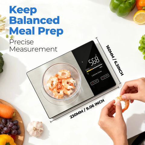 Smart Nutrition Food Scale With App, 1g Precision Digital Kitchen Scale For Tracking Calories, 24 Nutrients, showing shrimp