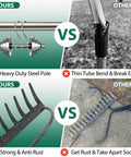 Comparison of Heavy Duty Bow Rake For Leaves And Lawn Care, 48 Inch Handle with alternatives, showing steel pole and 14 metal tines.