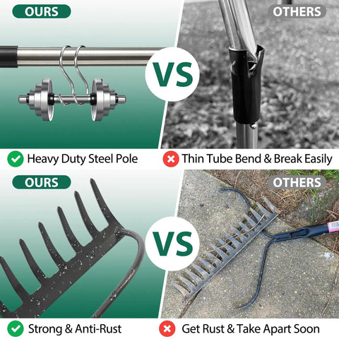 Comparison of Heavy Duty Bow Rake For Leaves And Lawn Care, 48 Inch Handle with alternatives, showing steel pole and 14 metal tines.