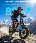 Adult Electric Bike With 1000W Brushless Motor 20Mph Peak Pulls 16Inch Slick Wheels navigating rough terrain with dual suspension.