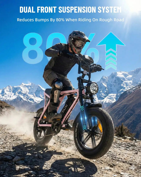 Adult Electric Bike With 1000W Brushless Motor 20Mph Peak Pulls 16Inch Slick Wheels navigating rough terrain with dual suspension.