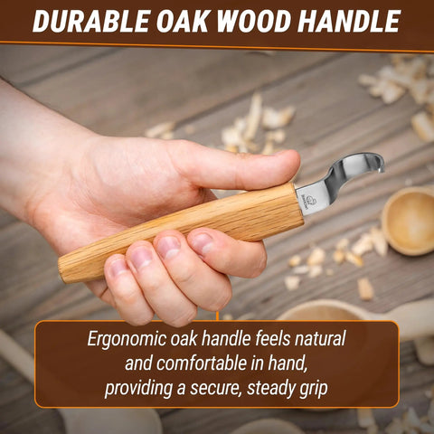 Left Handed Hook Whittling Knife Cut From Heavy Duty Carbon Steel For Easy Bowl And Kuksa Turning with durable oak handle.