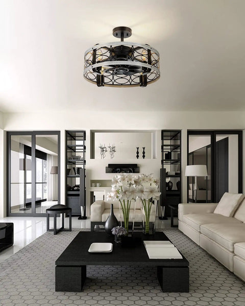 Living room with Rustic 17.5 Inch Ceiling Fan With Light Kit And Remote, Low Profile Semi Flush Cage Mount, modern decor