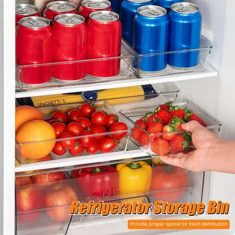 10 Piece Clear Drawer Organizer Set With Three Sized Trays Solid Bathroom Vanity Or Kitchen Storage Heavy Duty Plastic Bins in refrigerator with food.