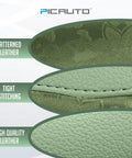 Close-up of green patterned leather and tight stitching for Upgrade Your Whip With This Fresh Green Patterned Steering Wheel Cover.