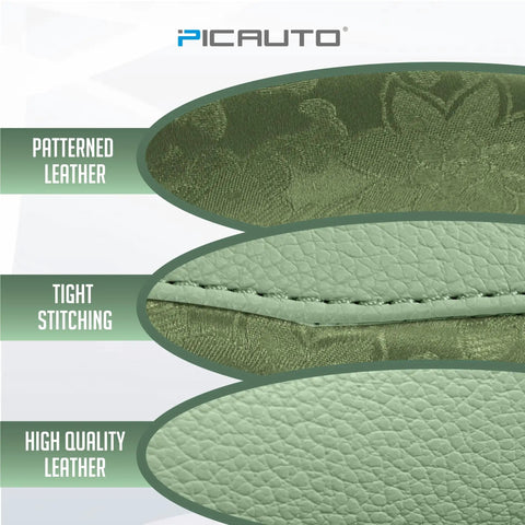 Close-up of green patterned leather and tight stitching for Upgrade Your Whip With This Fresh Green Patterned Steering Wheel Cover.