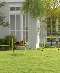 Four Piece Adjustable Dog Agility Jump Set Training Kit with Portable Carry Bag For All Sizes Easy Height Adjustments Park Ready Outdoor Practice Yellow setup in garden with dog jumping over bar