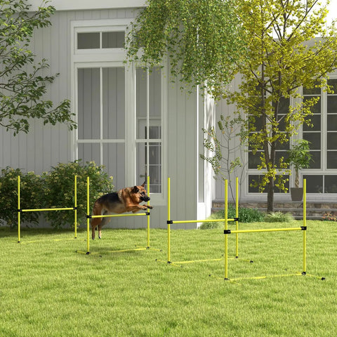 Four Piece Adjustable Dog Agility Jump Set Training Kit with Portable Carry Bag For All Sizes Easy Height Adjustments Park Ready Outdoor Practice Yellow setup in garden with dog jumping over bar