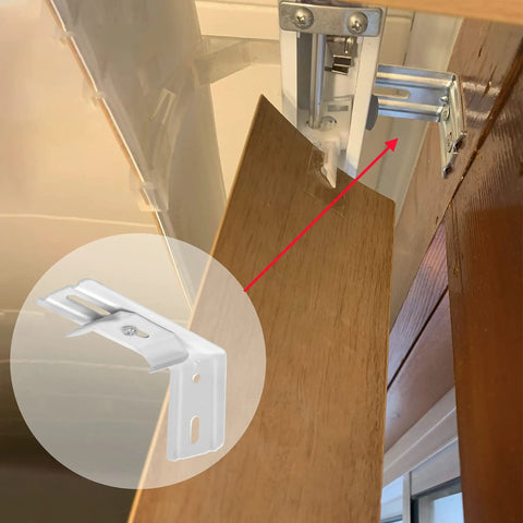 Six Pack Vertical Blind L Brackets With Clips, 3 Inch Length, mounted on wooden beam for 1-1/2 inch headrail blinds