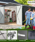 Heavy Duty Metal Garden Storage Shed 8.2x12 Ft Lockable Doors open to show tools inside, two people in garden attire beside shed