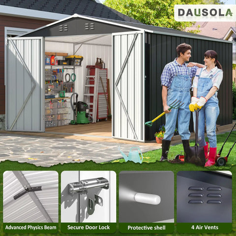 Heavy Duty Metal Garden Storage Shed 8.2x12 Ft Lockable Doors open to show tools inside, two people in garden attire beside shed