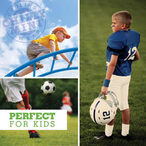 Kids playing football and climbing with Chilly Mini Cooling Neck Towel Pack Of 6 Blue 29x3 Inches Hyper Evaporative Material