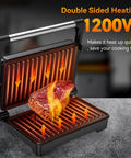 Yashe 1200W Panini Press Grill and Sandwich Maker With Nonstick Plates, grilling meat with double-sided heating.