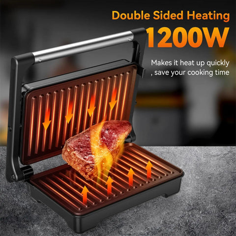 Yashe 1200W Panini Press Grill and Sandwich Maker With Nonstick Plates, grilling meat with double-sided heating.
