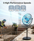 18 Inch High Velocity Pedestal Fan With Adjustable Height in construction site setting, visible 3 speed settings.