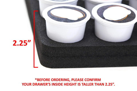 Close-up of Ultra Slim Keurig K Cup Pod Organizer Tray showing 2.25-inch height with pods, made from black foam.