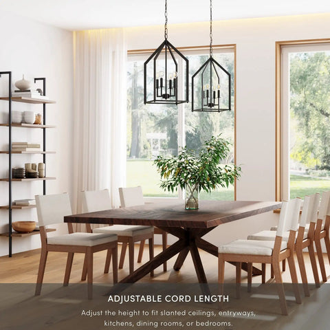 Chic Rustic Black 4 Light Chandelier With Metal Cage Pendant Adjustable Chain Hanging Light Fixture Over Dining Table