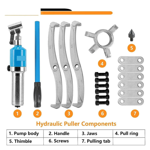 Slick Heavy Duty 10 Ton Hydraulic Gear Puller Set With Two And Three Jaw Wheel Bearing Extractor Kit component parts labeled on display.