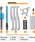 Components of the Top Tier Shop Rated Hydraulic Gear Puller Kit With Easy Swap Two And Three Jaw Configurations.