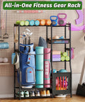 All In One Sports Gear Organizer For Home Garage Club And Basement With Dual Golf Bag Storage Rack, multi-zone shelves and hooks.