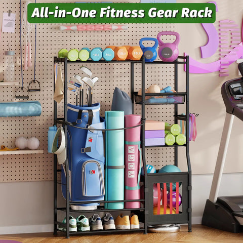 All In One Sports Gear Organizer For Home Garage Club And Basement With Dual Golf Bag Storage Rack, multi-zone shelves and hooks.