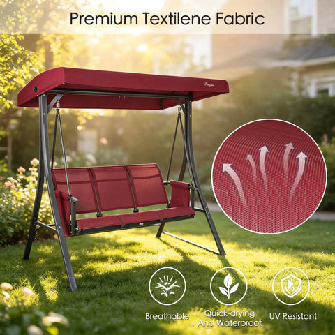 Outdoor Porch Swing Glider With Adjustable Canopy And Weather Resistant Steel Frame Breathable Textilene Seat And Back