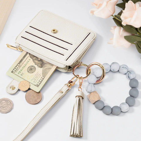 Beaded Boho Wristlet Wallet for Women With RFID Blocking Card Holder Convertible Wristlet and Keychain in creamy grey