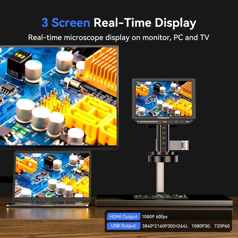 4K Autofocus Digital Microscope With 10.1 Inch HDMI Display Spin Flex Arm 52MP Coin And Electronics Repair Soldering Microscope Ring Light AI TOF Imaging Auto Focus 16GB Storage Pro Grade showing PCB view on monitor, laptop and TV