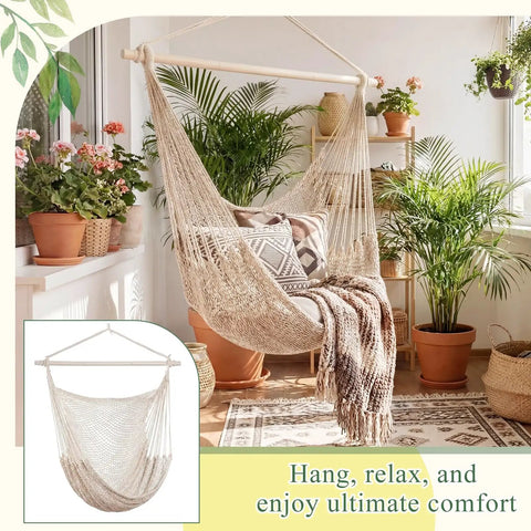 Cozy indoor setup with Two Piece Hanging Hammock Chairs Set With 40 Inch Detachable Metal Bars, Boho swing in beige cotton.