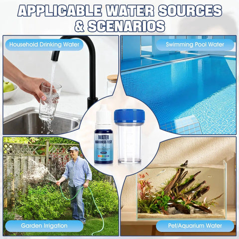Hard Water Test Kit For Drinking Water And Home Use, Fast Pro Grade Water Hardness Tester shown with various water sources