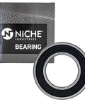 Niche wheel bearing, 32x58x13, with black seal and silver race, front view beside its box