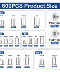 600-Piece Stainless Steel Wood Screws Set With 18 Sizes From 4 To 12, 3/8 Inch To 1-1/2 Inch, Phillips Pan And Flat Heads, Self-Tapping Coarse Threads, Assorted Wood Screws For DIY, Home Improvement, Cabinetry, And General Projects. size chart of stainless steel wood screws by gauge and length