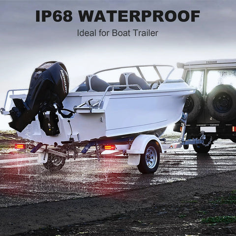 Rear-side view of NeaLia boat trailer light kit with IP68 LED taillights and license plate bracket.