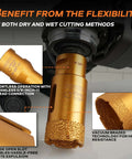 KSEIBI 615235 diamond hole saw mounted on angle grinder; 1-3/8 inch diameter, vacuum brazed, gold-colored.