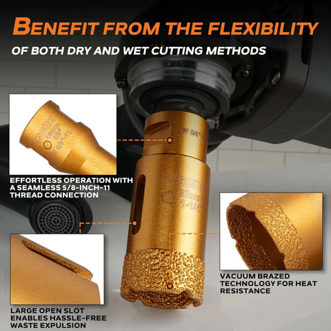 KSEIBI 615235 diamond hole saw mounted on angle grinder; 1-3/8 inch diameter, vacuum brazed, gold-colored.
