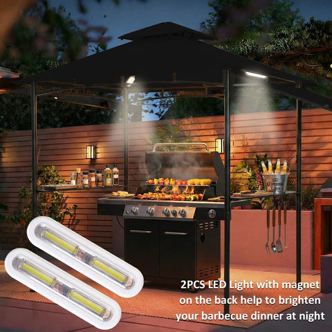 5x8 Grill Gazebo With Extra Shade Awning Party Ready Vibe All Weather Steel Frame Double Tier Canopy Roof Sturdy Metal Serving Shelves Built In LED Lights Bottle Opener Patio Backyard BBQ Shelter Black with grill and LED lighting at night