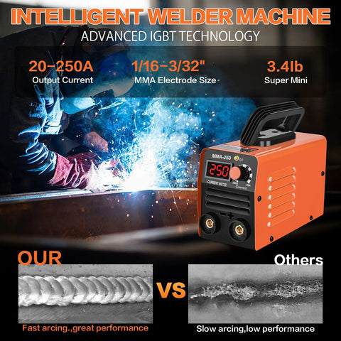 Mini Stick Welder 110V 250A Portable MMA Welding Machine For Beginners With Hot Start Arc Force Anti Stick IGBT Inverter Orange