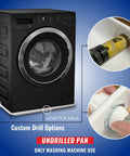 Durable Undrilled Washing Machine Drain Pan Tray With Included One Inch Drain Fitting For Washer And Dryer Floor Protection Against Leaks And Water Damage In White Color shown under black washing machine with close-ups of drain fitting.