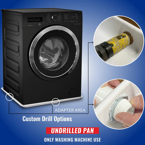 Durable Undrilled Washing Machine Drain Pan Tray With Included One Inch Drain Fitting For Washer And Dryer Floor Protection Against Leaks And Water Damage In White Color shown under black washing machine with close-ups of drain fitting.