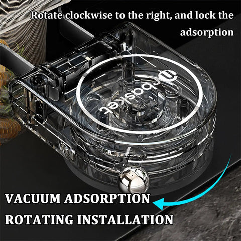 No Fuss Kitchen Sink Strainer With Heavy Duty Filter Mesh Bag And Grip Tight Suction Cup Quick Fold Design showing vacuum adsorption installation details.