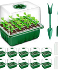 All In One Seed Starter Tray Kit 10 Pack With 120 Cells And Heightened Lids Humidity Dome For Indoor Gardening Seedlings Thickened Trays Great For Germination And Cuttings Green showing sprouts in 120-cell trays and included tools