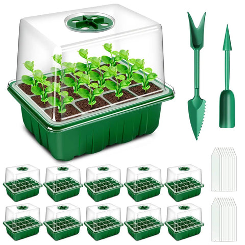 All In One Seed Starter Tray Kit 10 Pack With 120 Cells And Heightened Lids Humidity Dome For Indoor Gardening Seedlings Thickened Trays Great For Germination And Cuttings Green showing sprouts in 120-cell trays and included tools