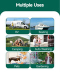 Multiple uses for RV Water Filter With Flexible Hose Protector in RV, boating, camping, auto, pets, and gardening settings.