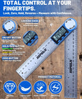Slick 2 In 1 Digital Angle Finder Tool And Stainless Steel Ruler with LCD display and locking knob on wooden surface.