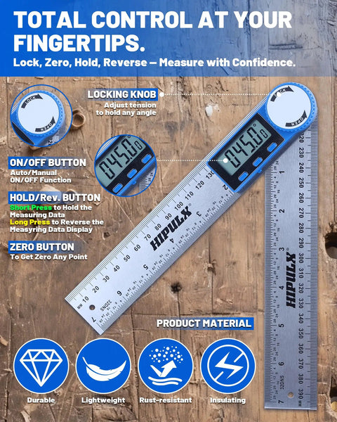 Slick 2 In 1 Digital Angle Finder Tool And Stainless Steel Ruler with LCD display and locking knob on wooden surface.