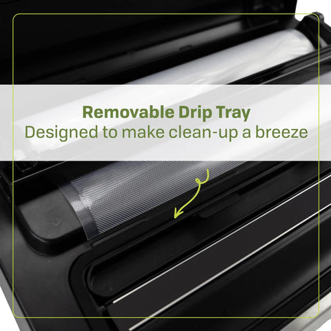 Game Changer Vacuum Sealer For Home Food Storage with LiquidLock drip tray close-up showing easy clean-up feature.