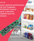 Frigidaire Replacement Freezer Control Board 297235200 with open freezer showing shelves of food products