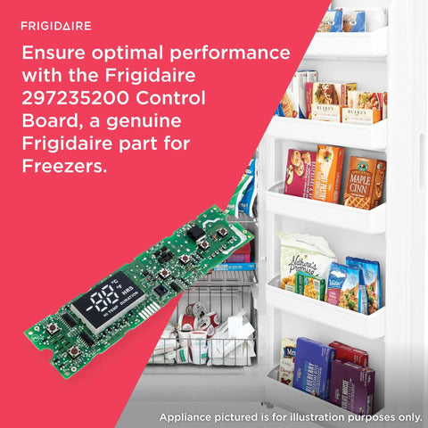 Frigidaire Replacement Freezer Control Board 297235200 with open freezer showing shelves of food products
