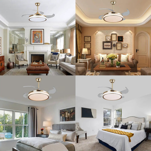Semokia Ceiling Fan Light with Remote Gold Fan for Bedroom Living Room in modern home settings, showcasing lighted ceiling fan.